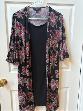 Perceptions Black Floral Print Open Dress with Red and Cream Accents